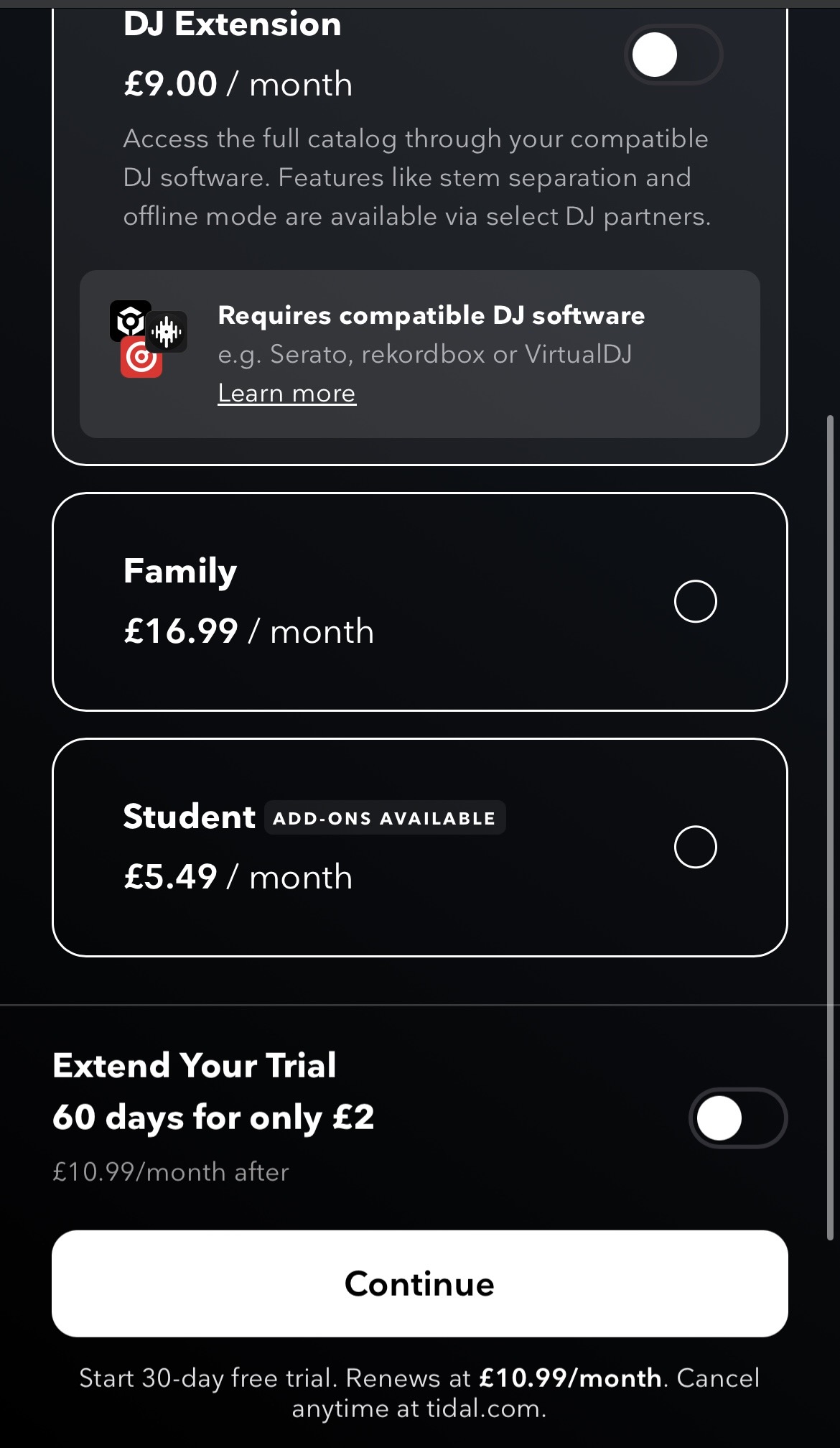 TIDAL payment and add-ons screen
